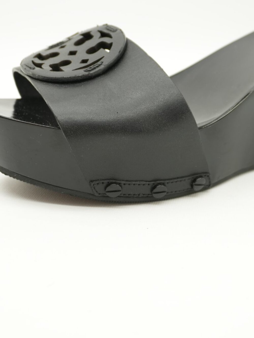 TORY BURCH Leather Wedges Black Patty Slides Clogs Size 7.5 - Picture 13 of 15